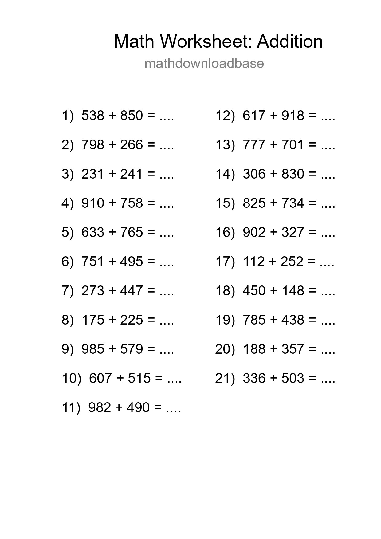 Grade 5 Addition Practice Worksheet (21 Problems) - Part 166