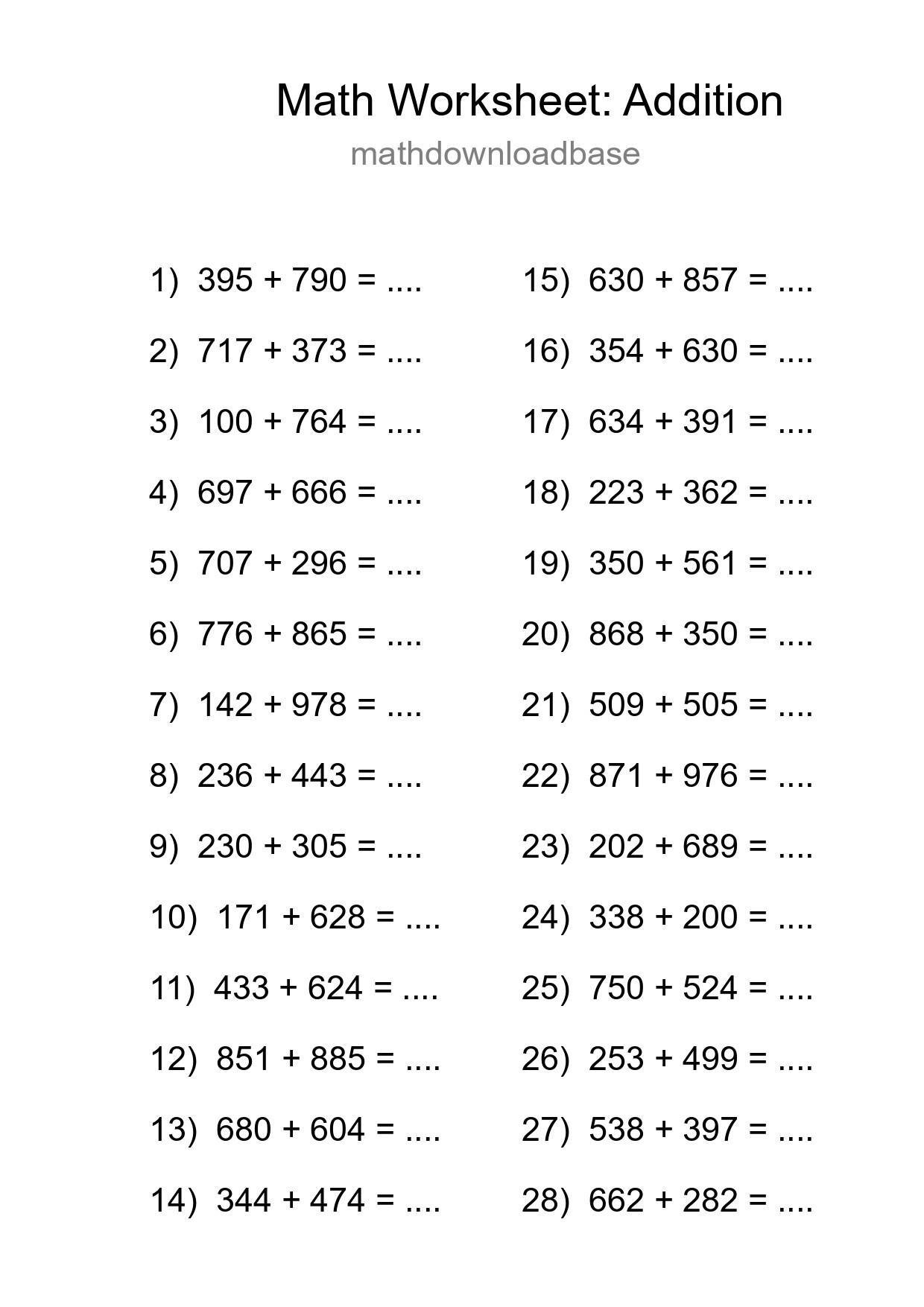 Grade 5 Addition Practice Worksheet (28 Problems) - Part 78