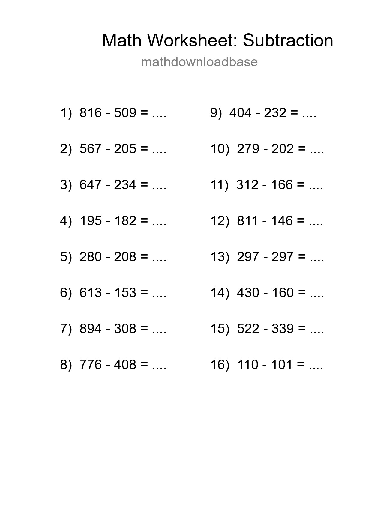 Grade 5 Subtraction Practice Worksheet (16 Problems) - Part 8