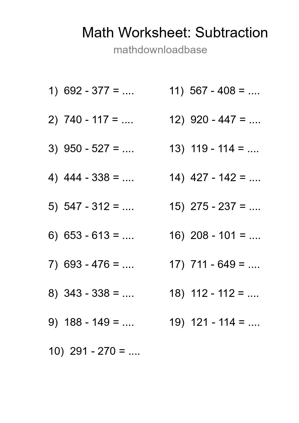Grade 5 Subtraction Practice Worksheet (19 Problems) - Part 184