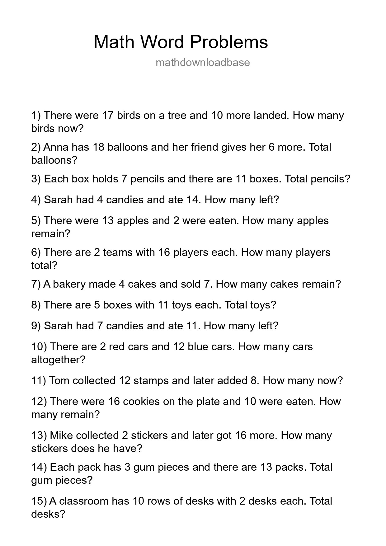 Math Word Problem Worksheet