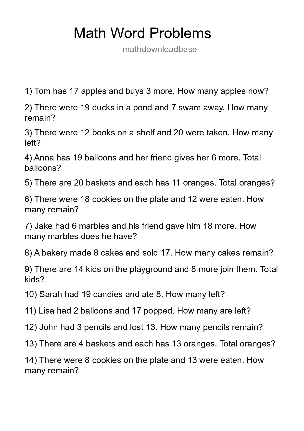 Math Word Problem Worksheet