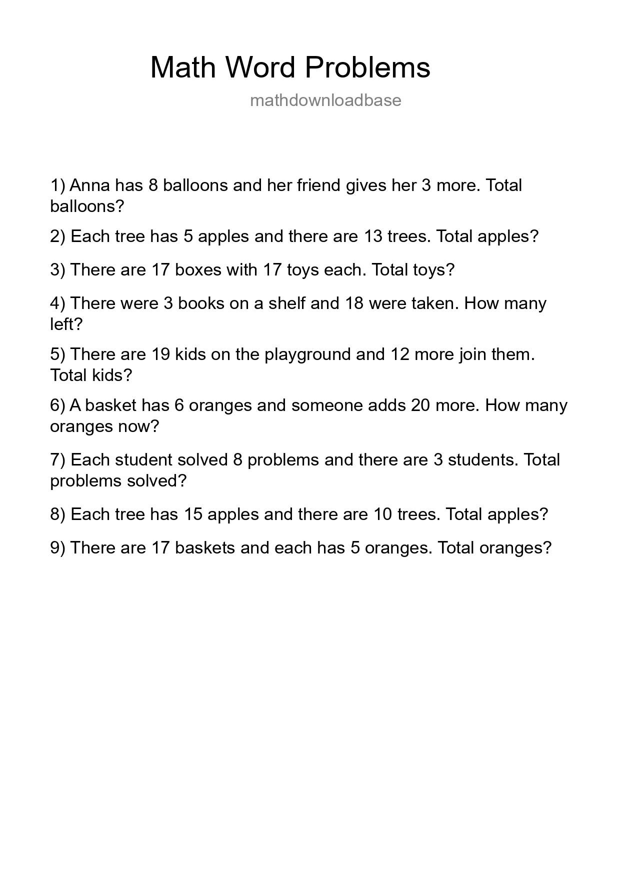 Math Word Problem Worksheet
