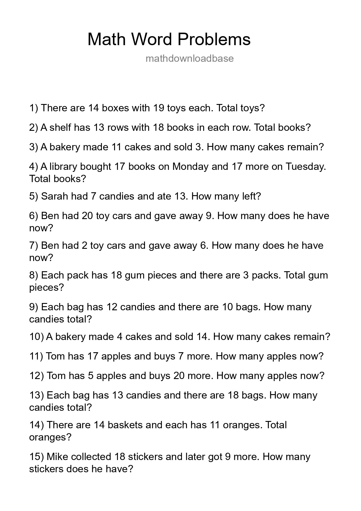 Math Word Problem Worksheet