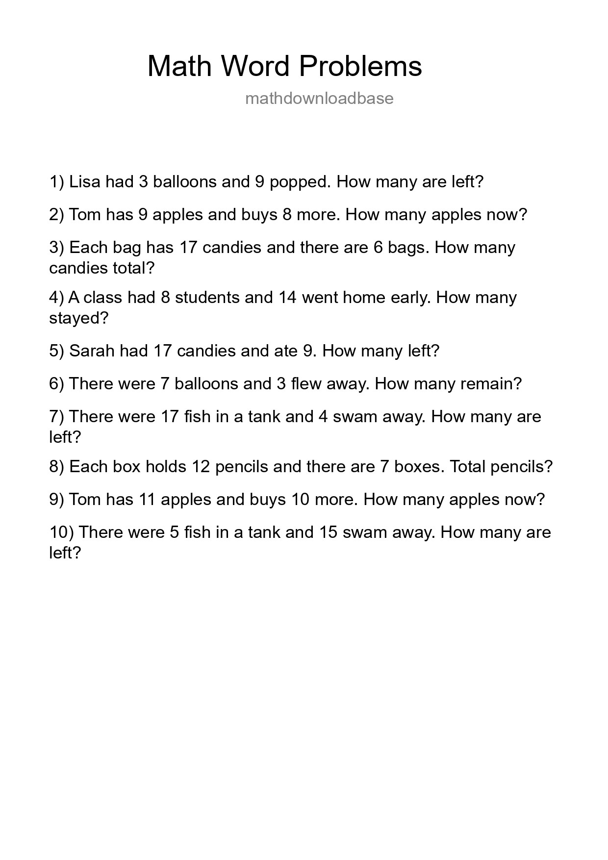 Math Word Problem Worksheet