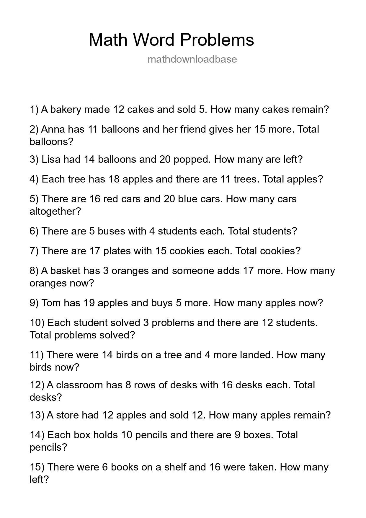 Math Word Problem Worksheet