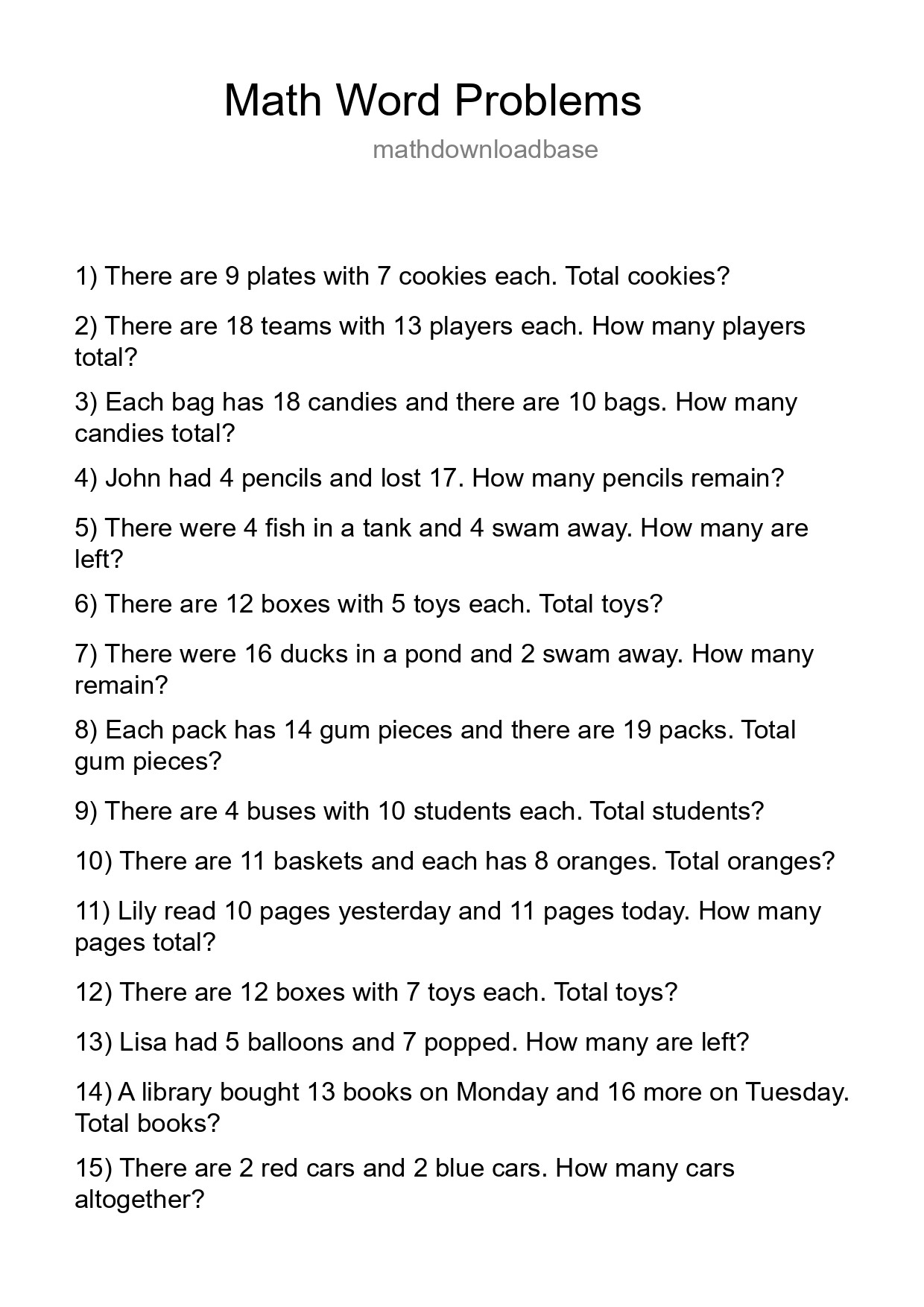 Math Word Problem Worksheet
