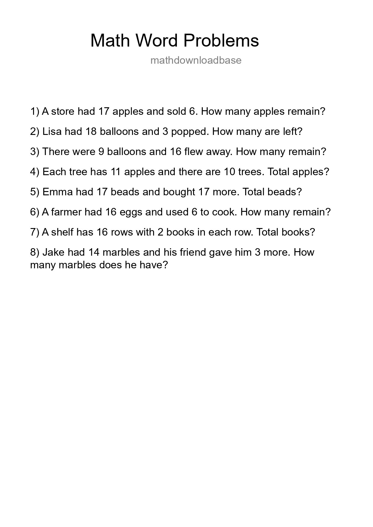 Math Word Problem Worksheet