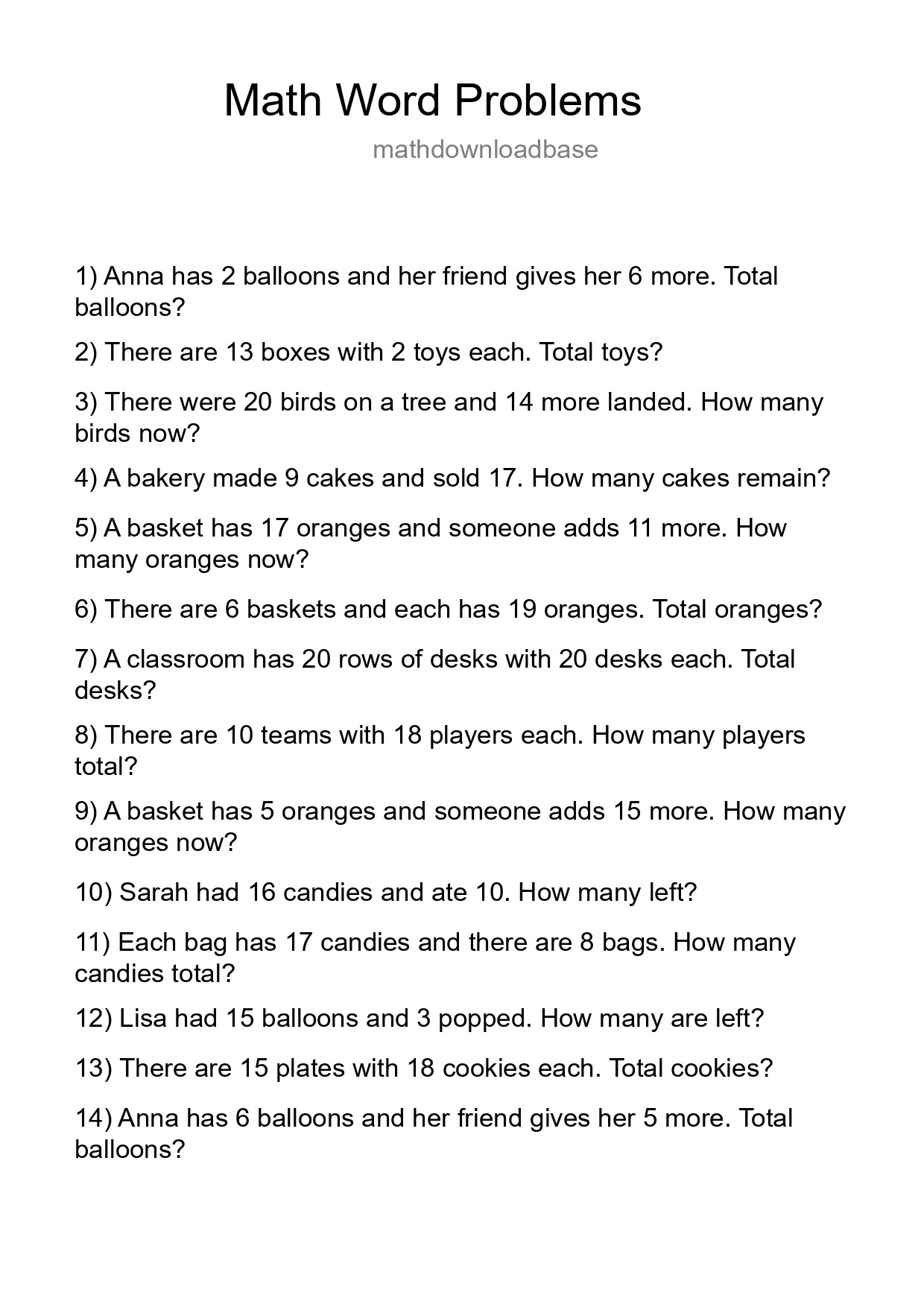 Math Word Problem Worksheet