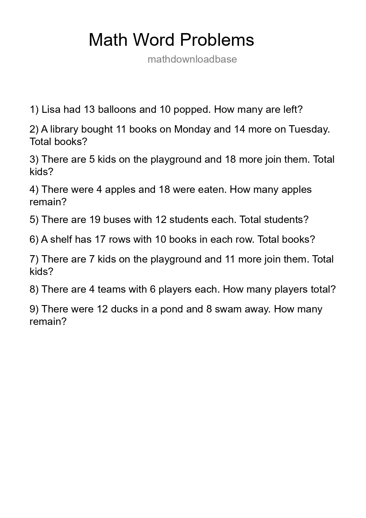 Math Word Problem Worksheet