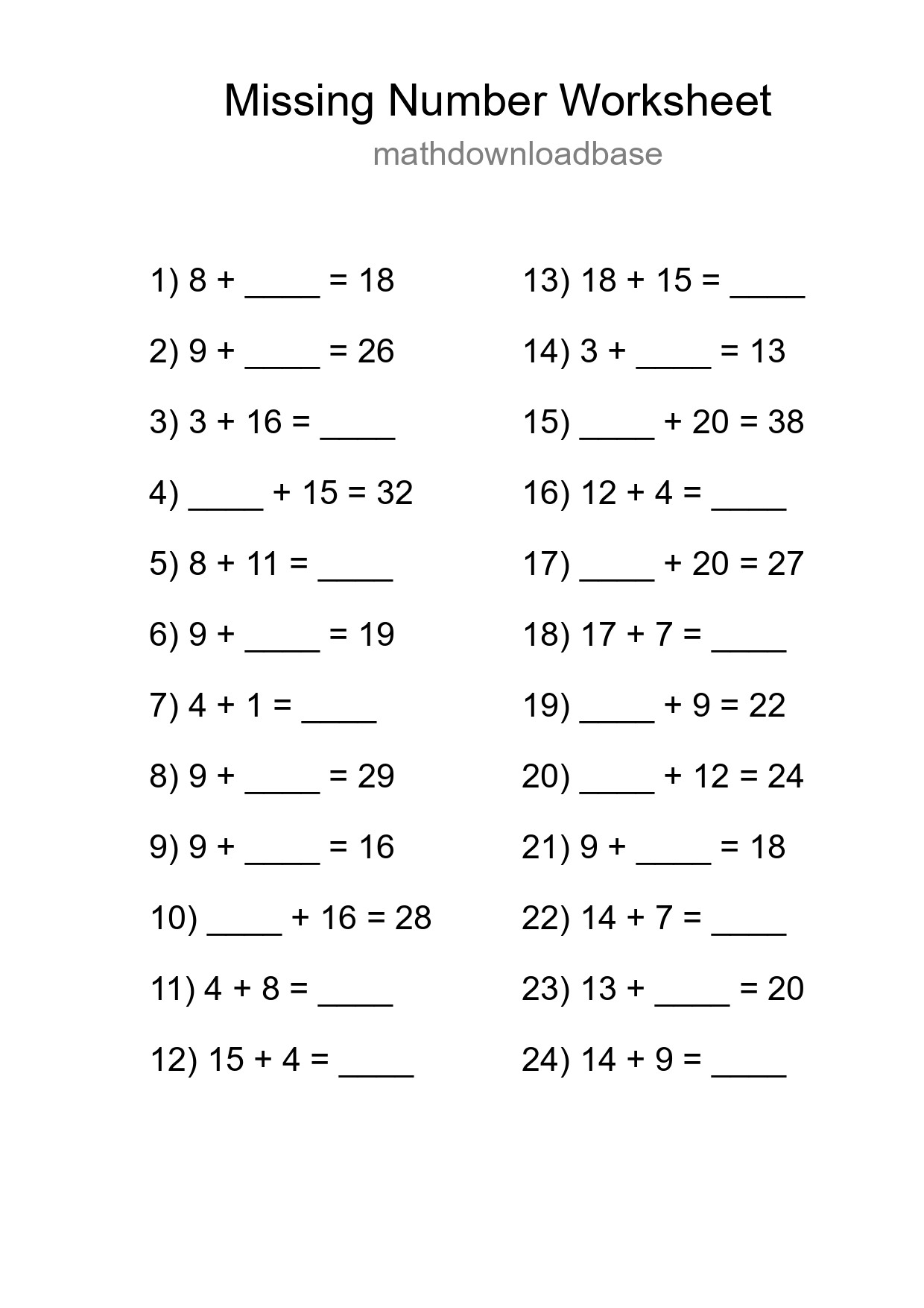 Missing Number Math Worksheet