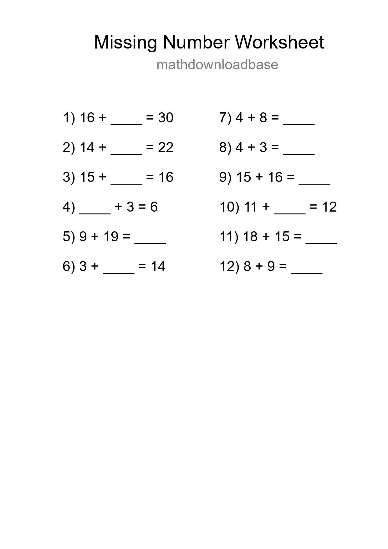 Missing Number Math Worksheet
