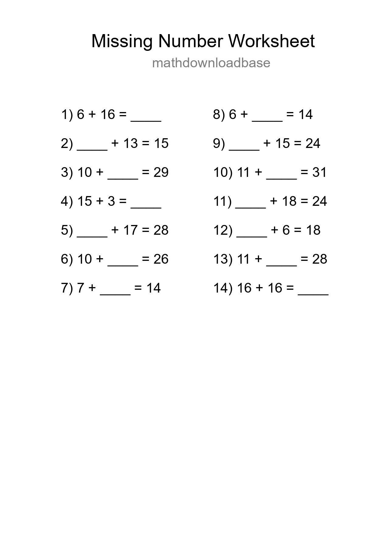 Missing Number Math Worksheet