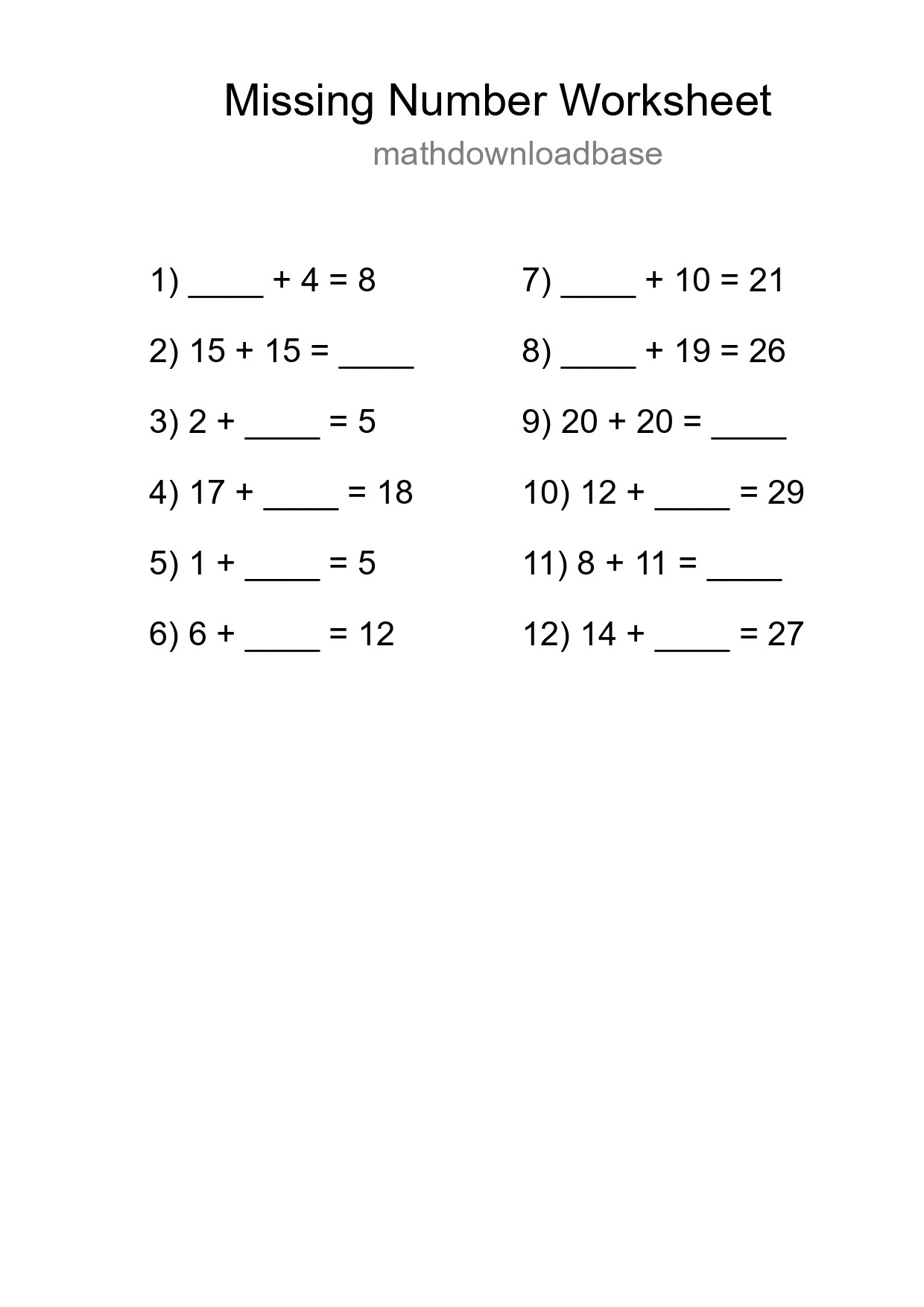 Missing Number Math Worksheet