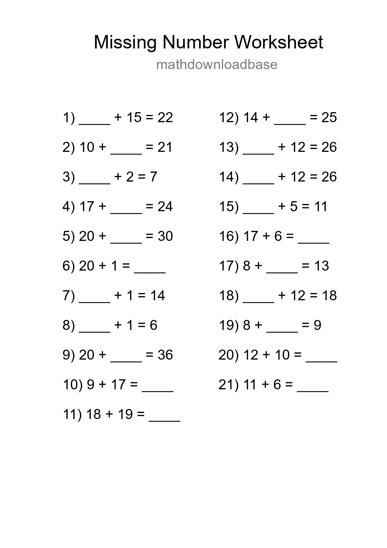 Missing Number Math Worksheet