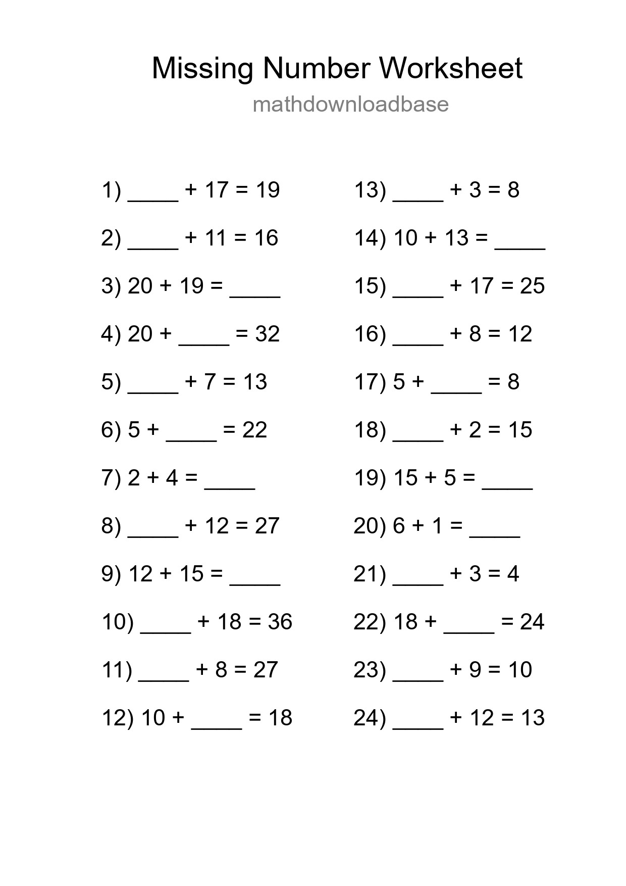 Missing Number Math Worksheet