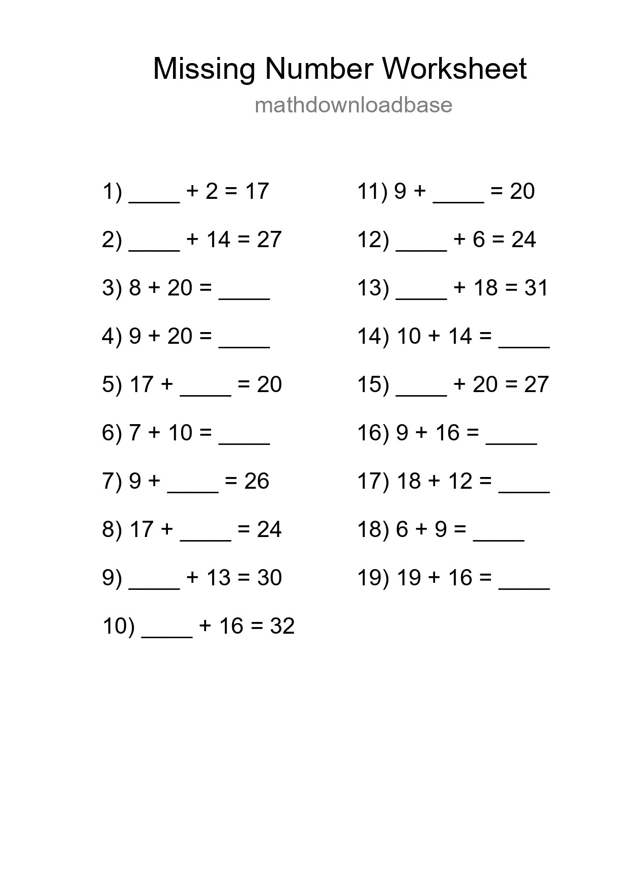 Missing Number Math Worksheet