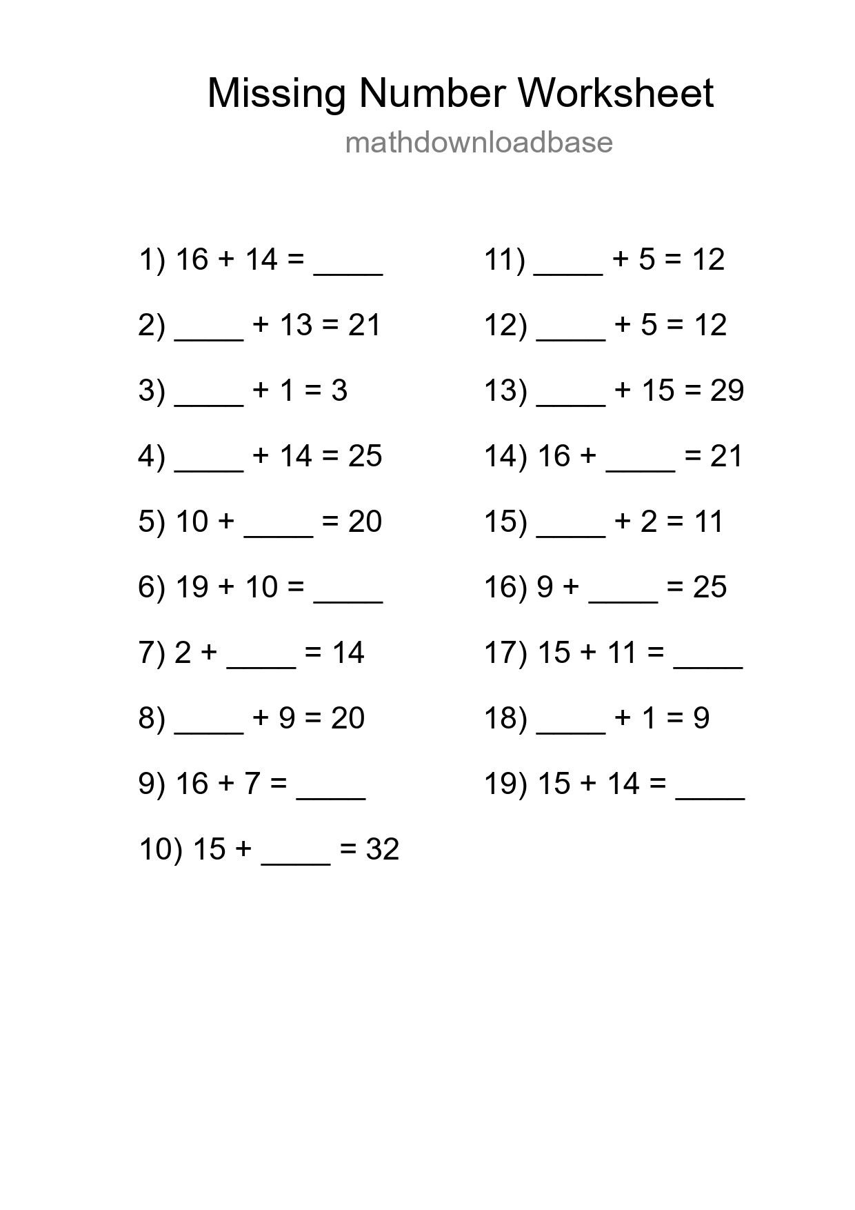 Missing Number Math Worksheet