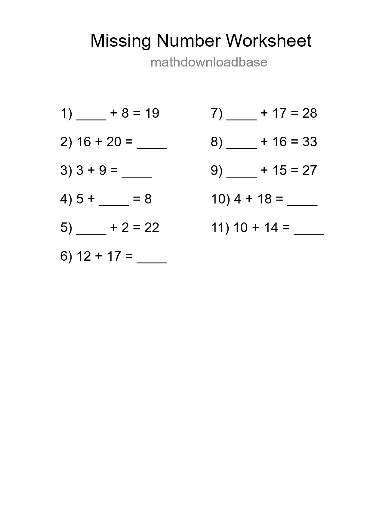 Missing Number Math Worksheet