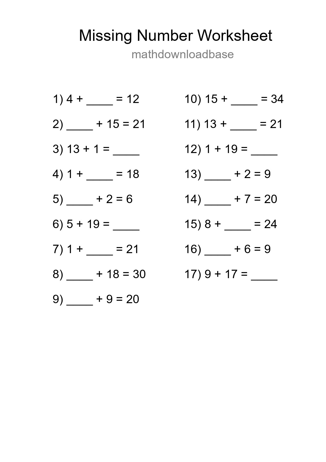Missing Number Math Worksheet