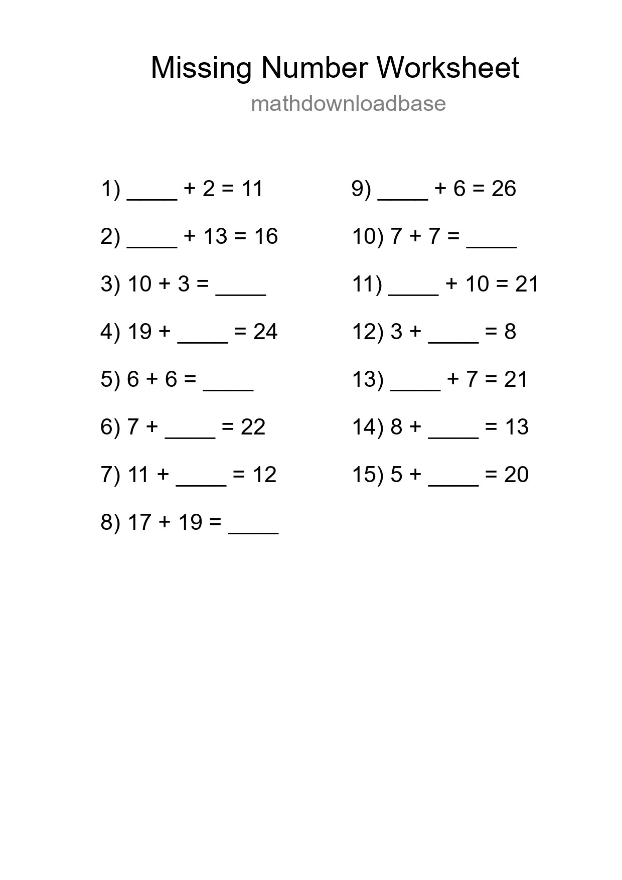 Missing Number Math Worksheet