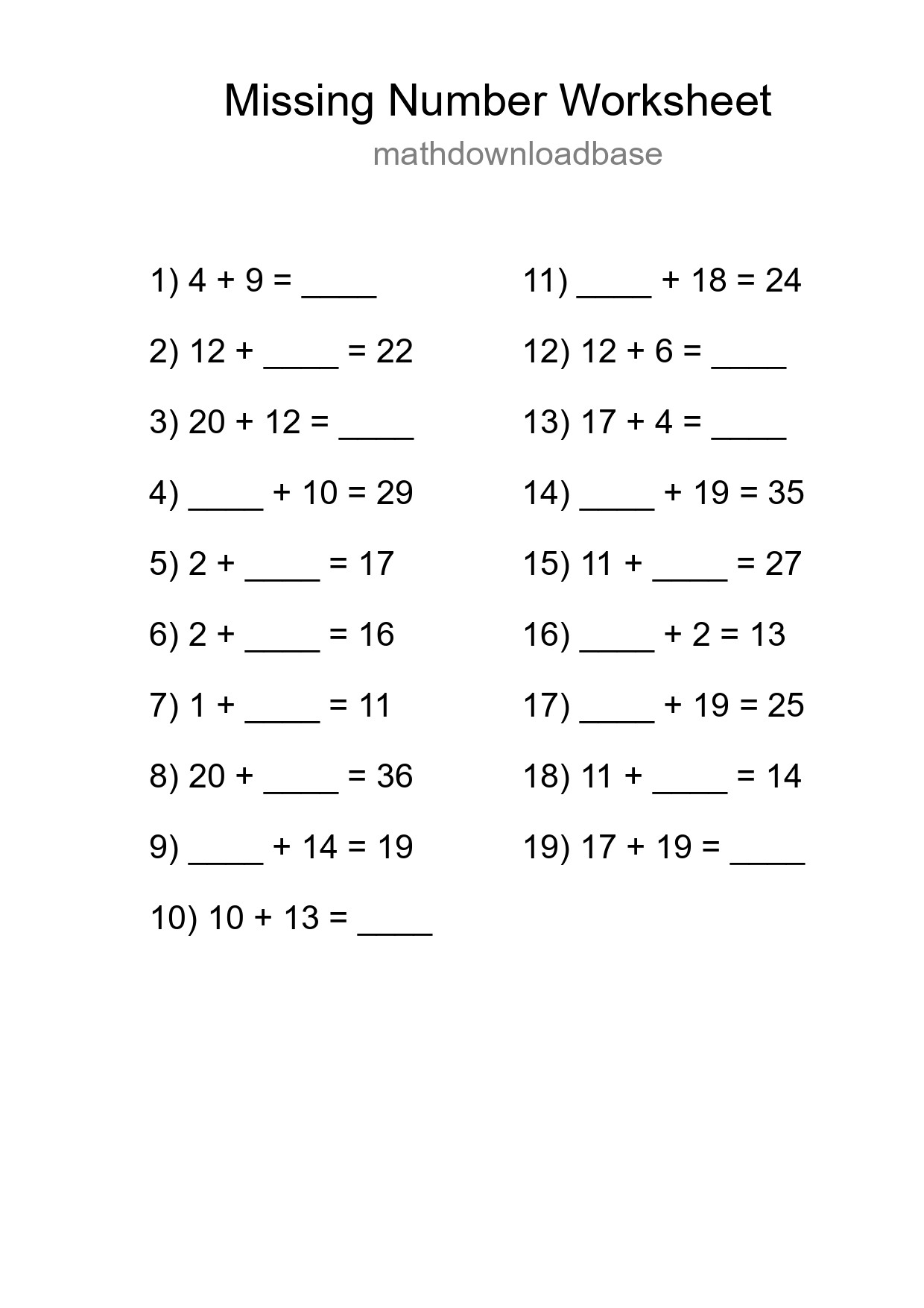 Missing Number Math Worksheet