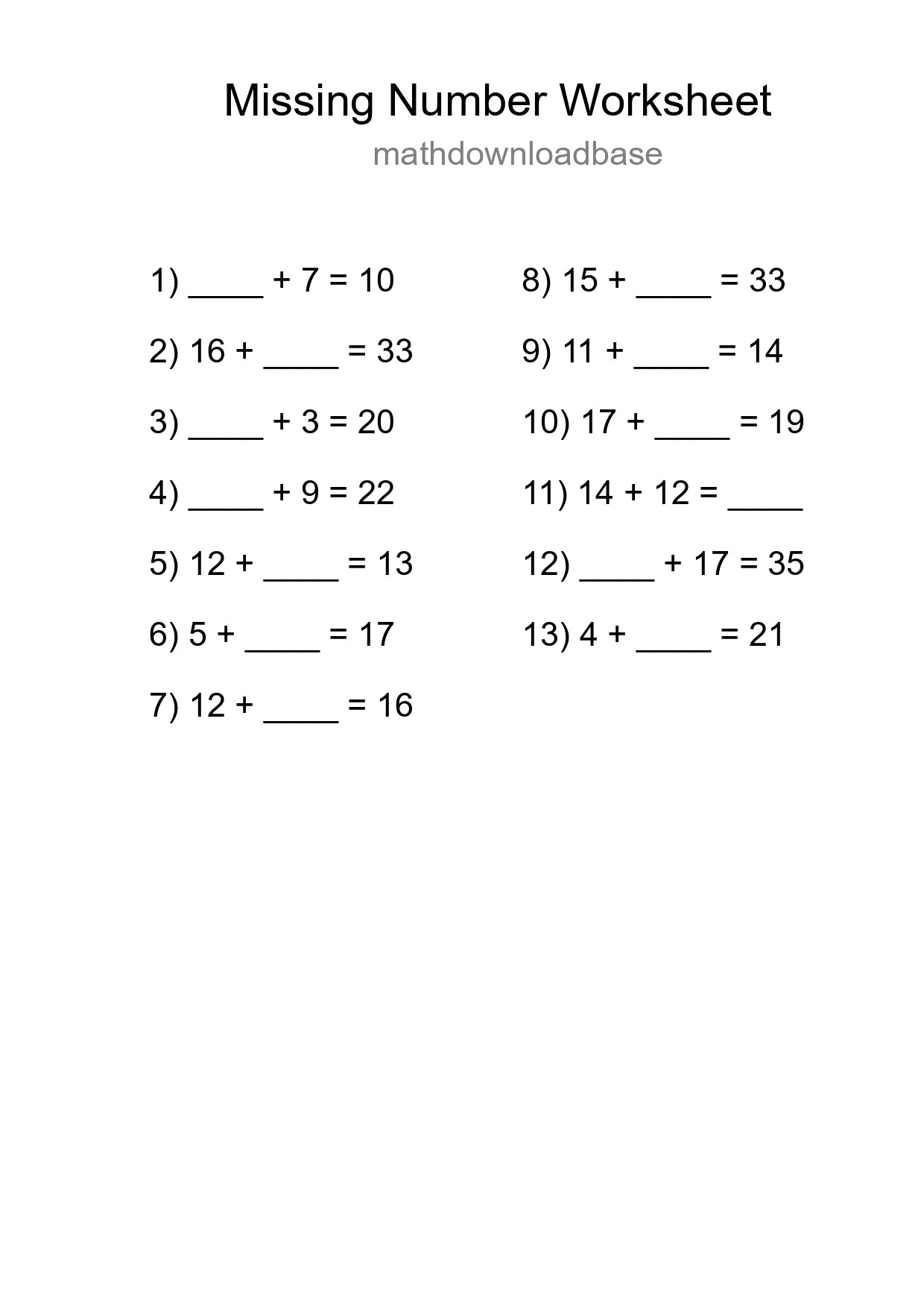 Missing Number Math Worksheet