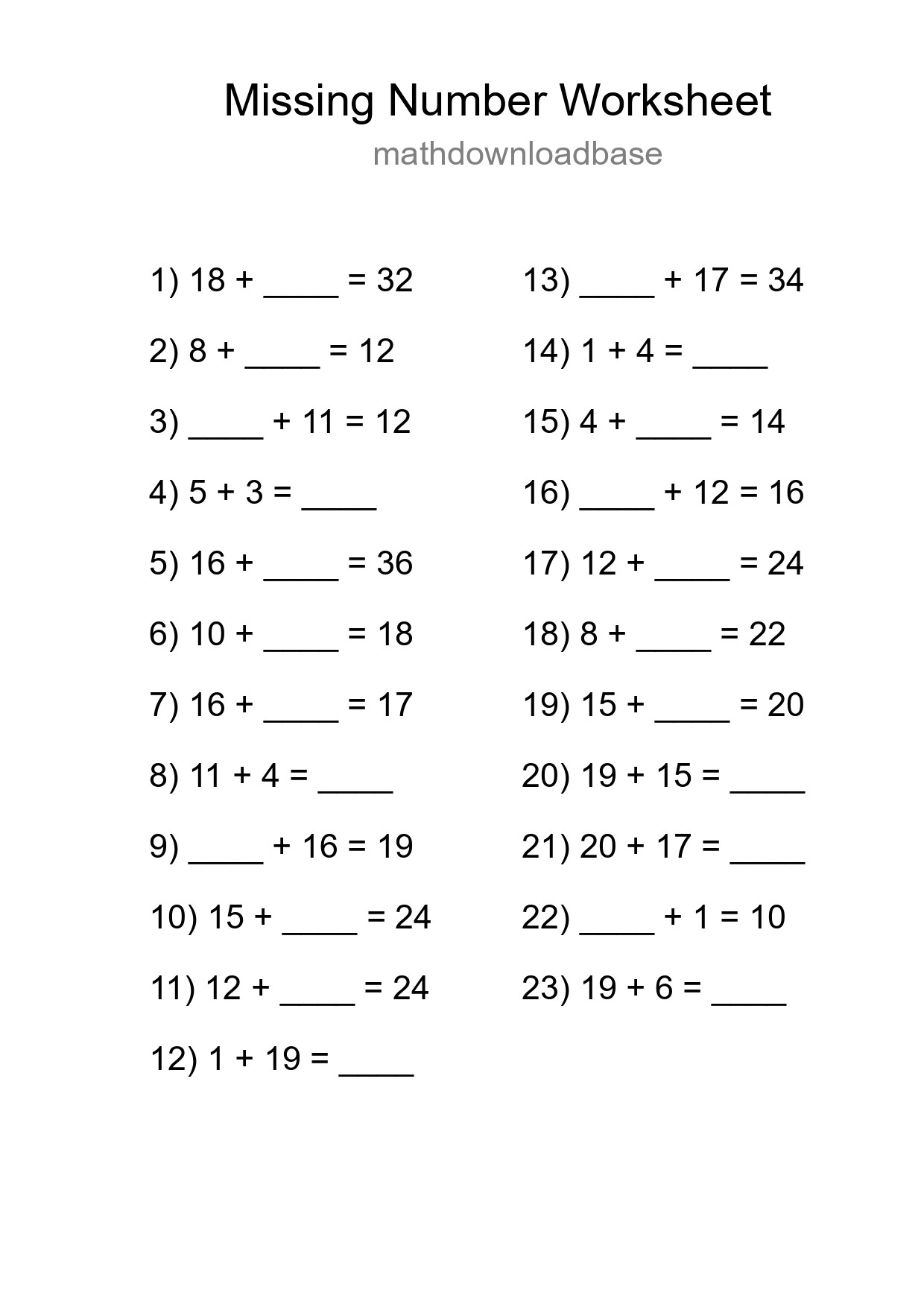 Missing Number Math Worksheet