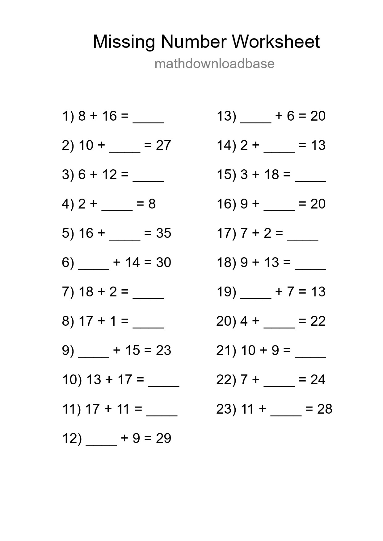 Missing Number Math Worksheet
