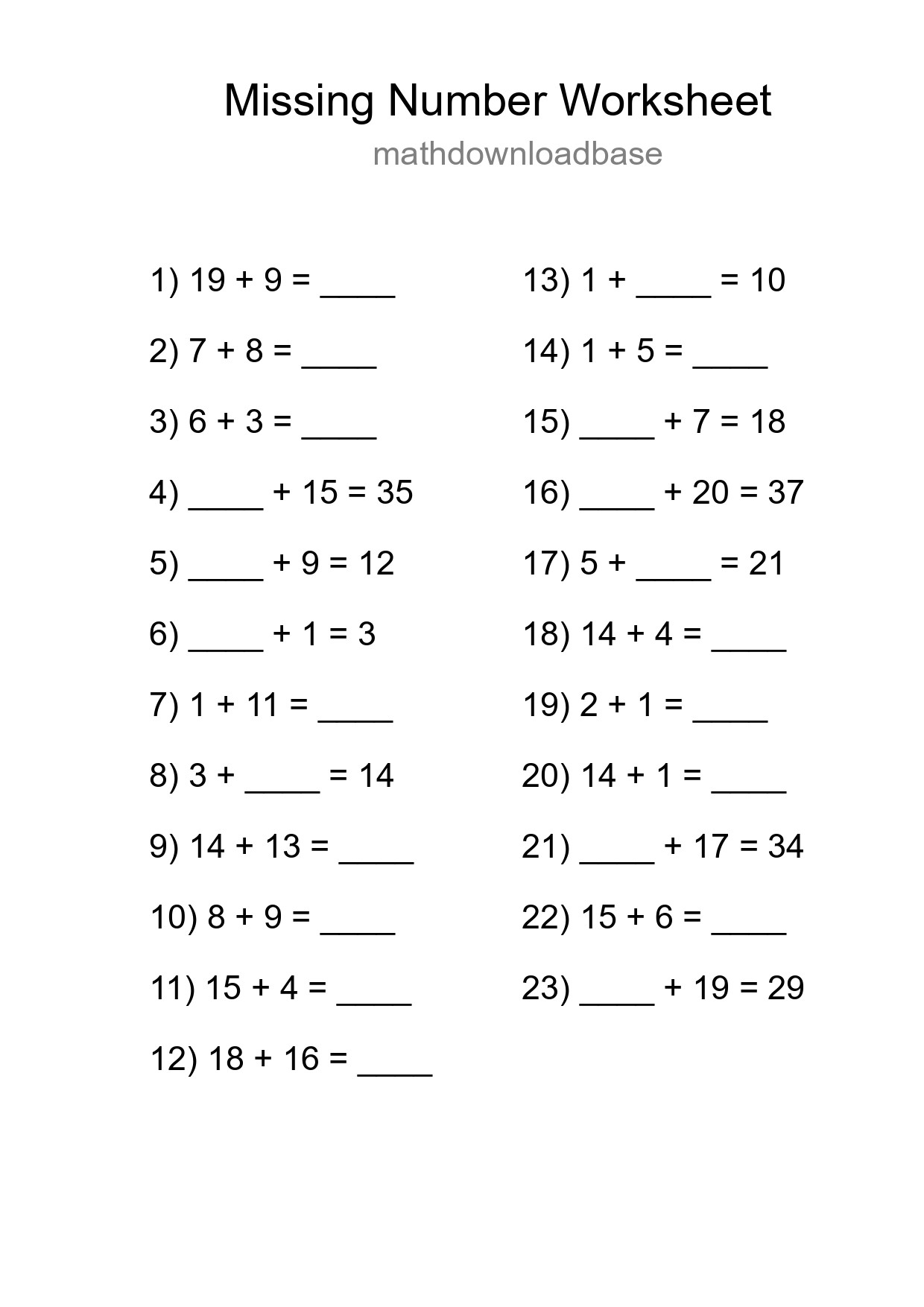 Missing Number Math Worksheet