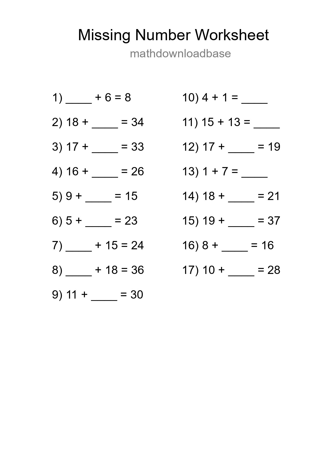 Missing Number Math Worksheet