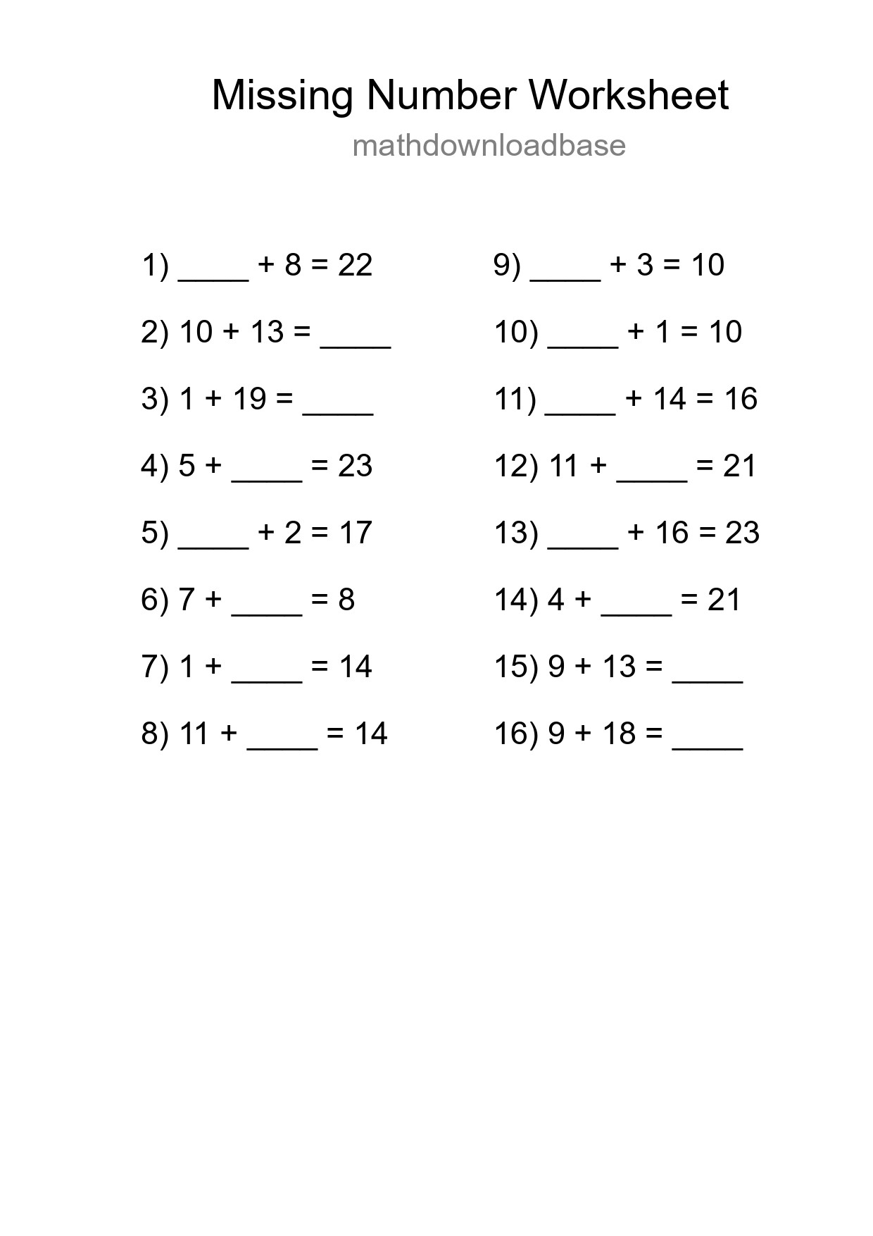 Missing Number Math Worksheet