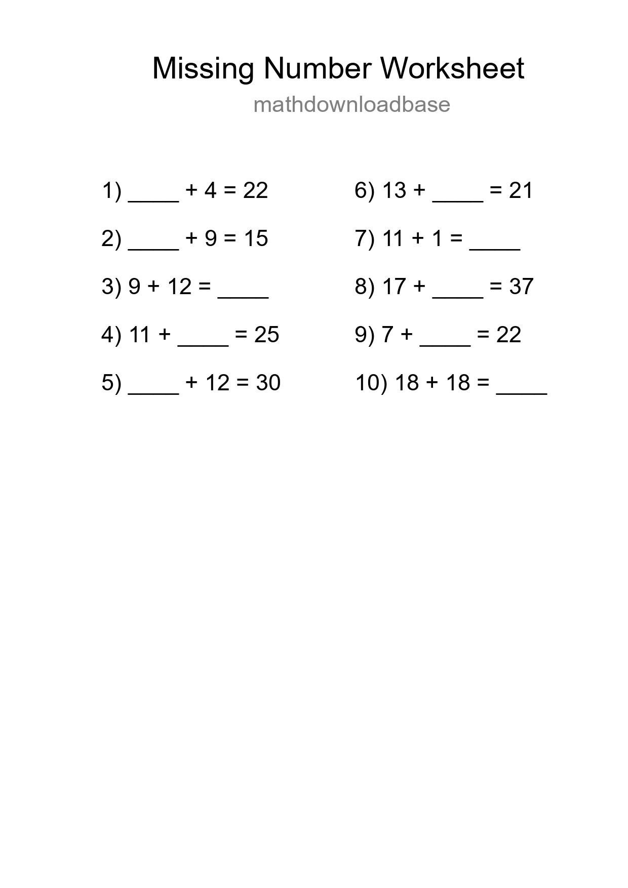Missing Number Math Worksheet