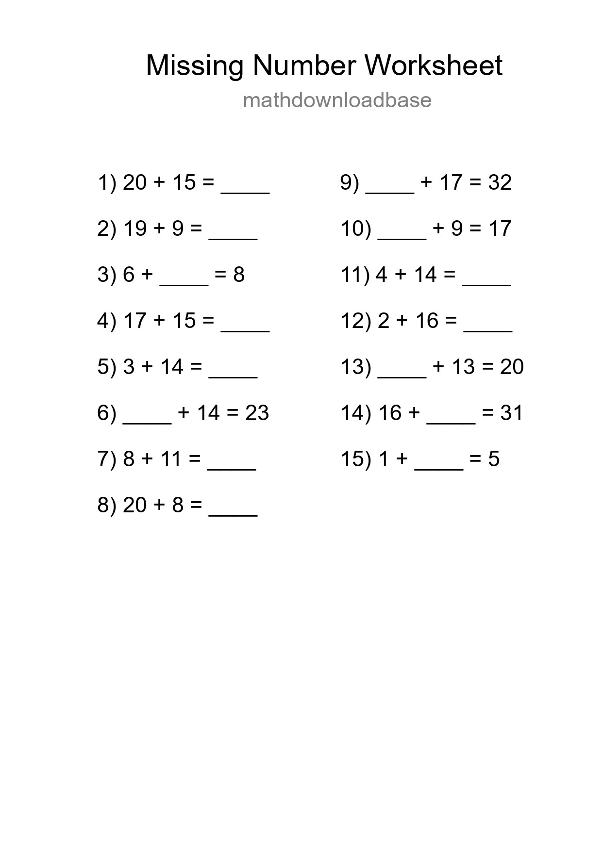 Missing Number Math Worksheet