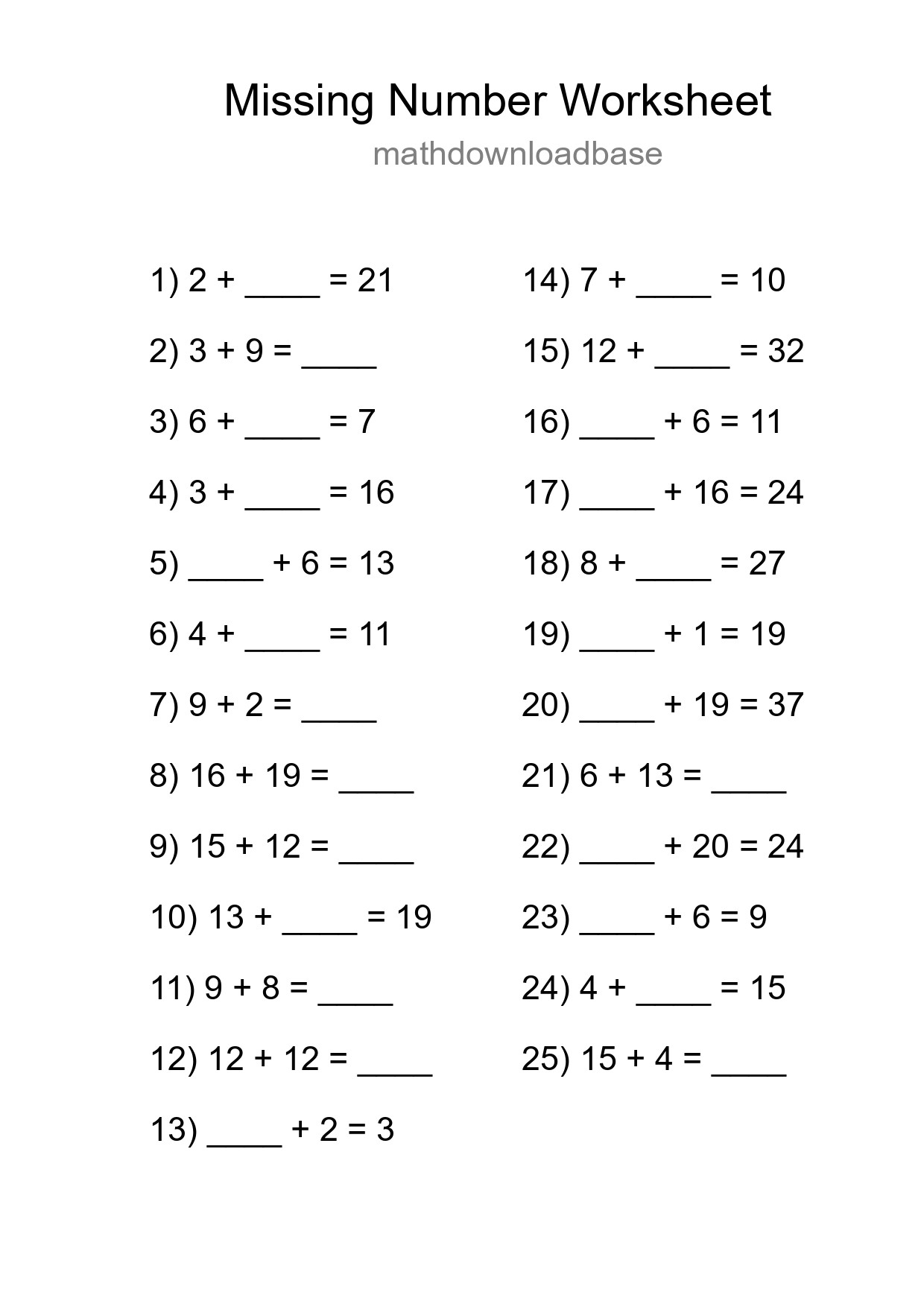 Missing Number Math Worksheet
