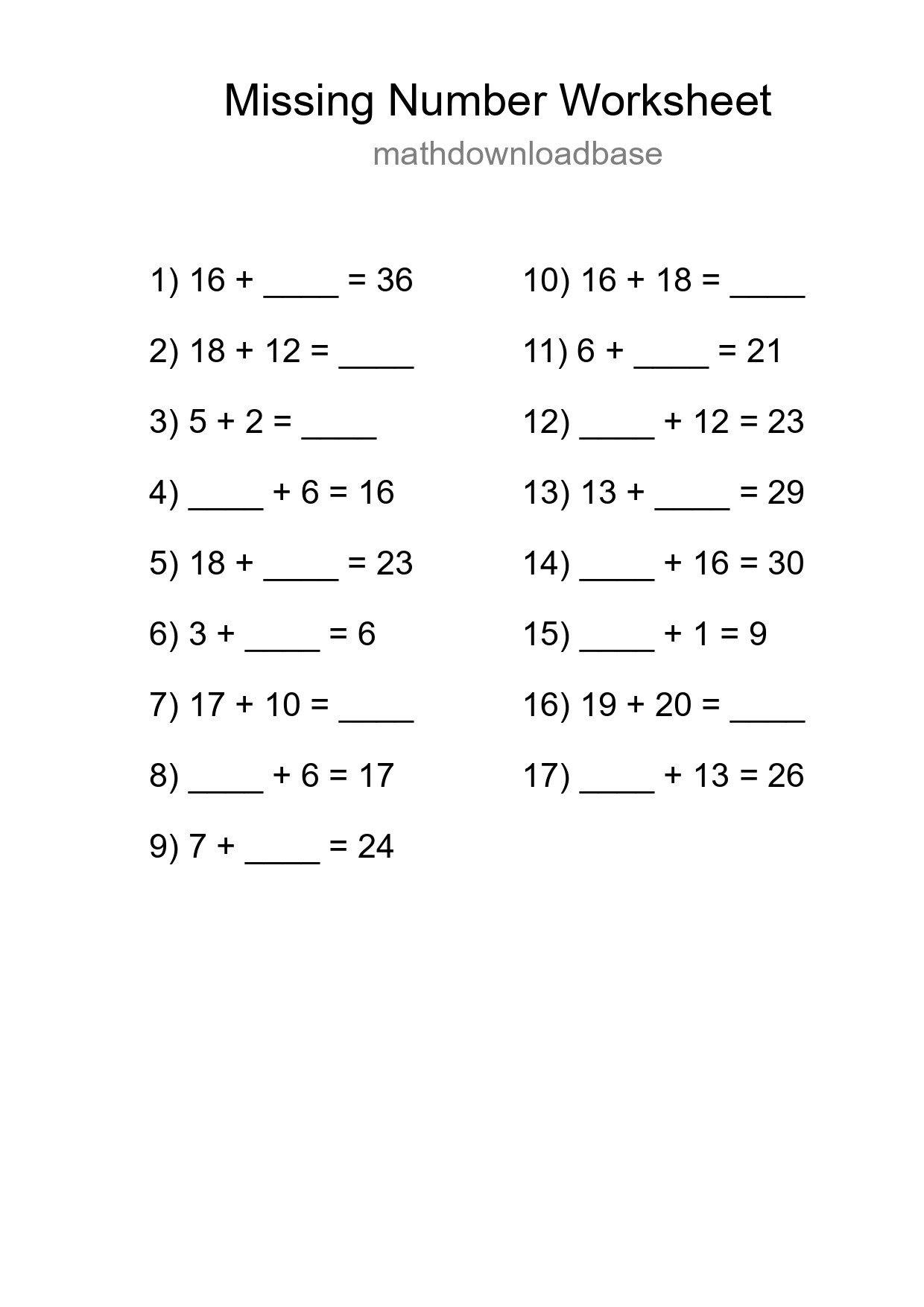 Missing Number Math Worksheet