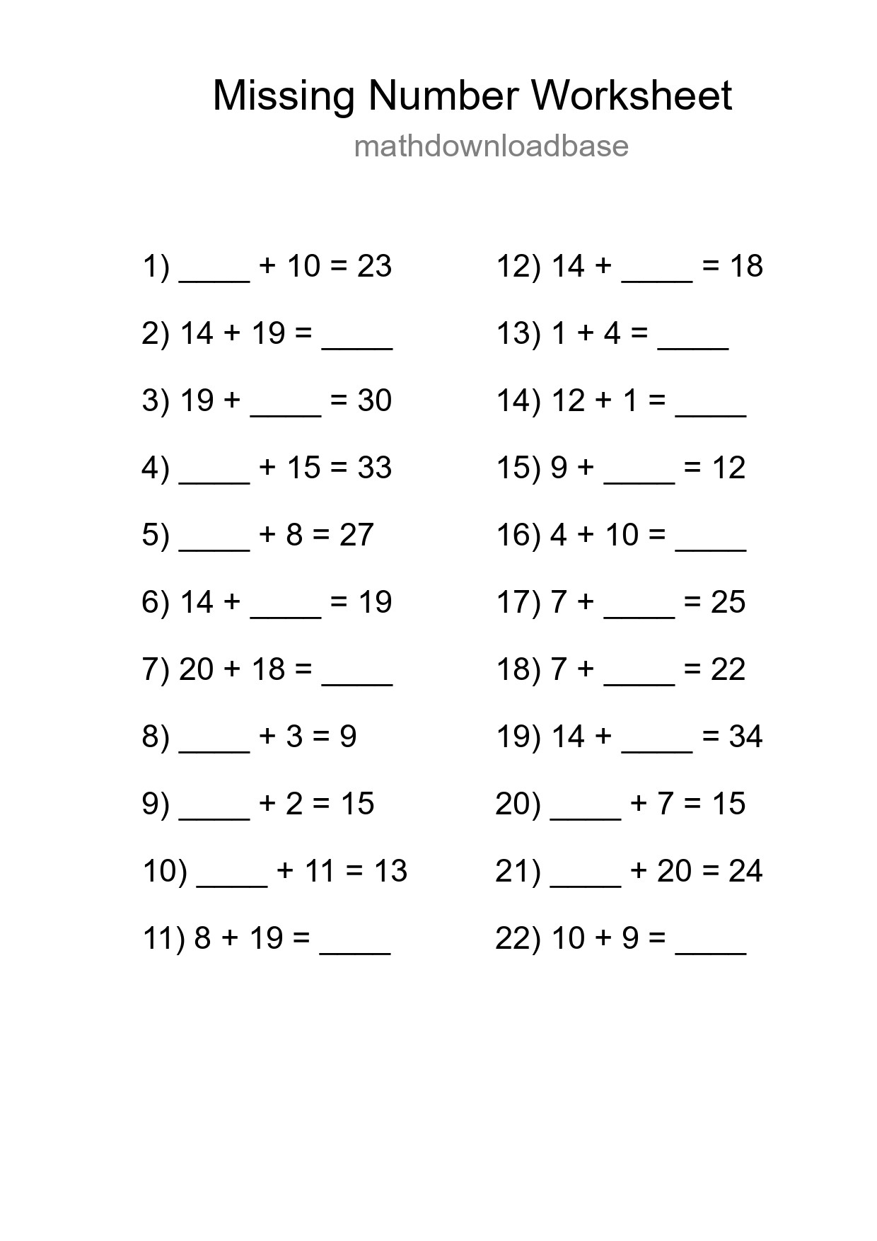 Missing Number Math Worksheet