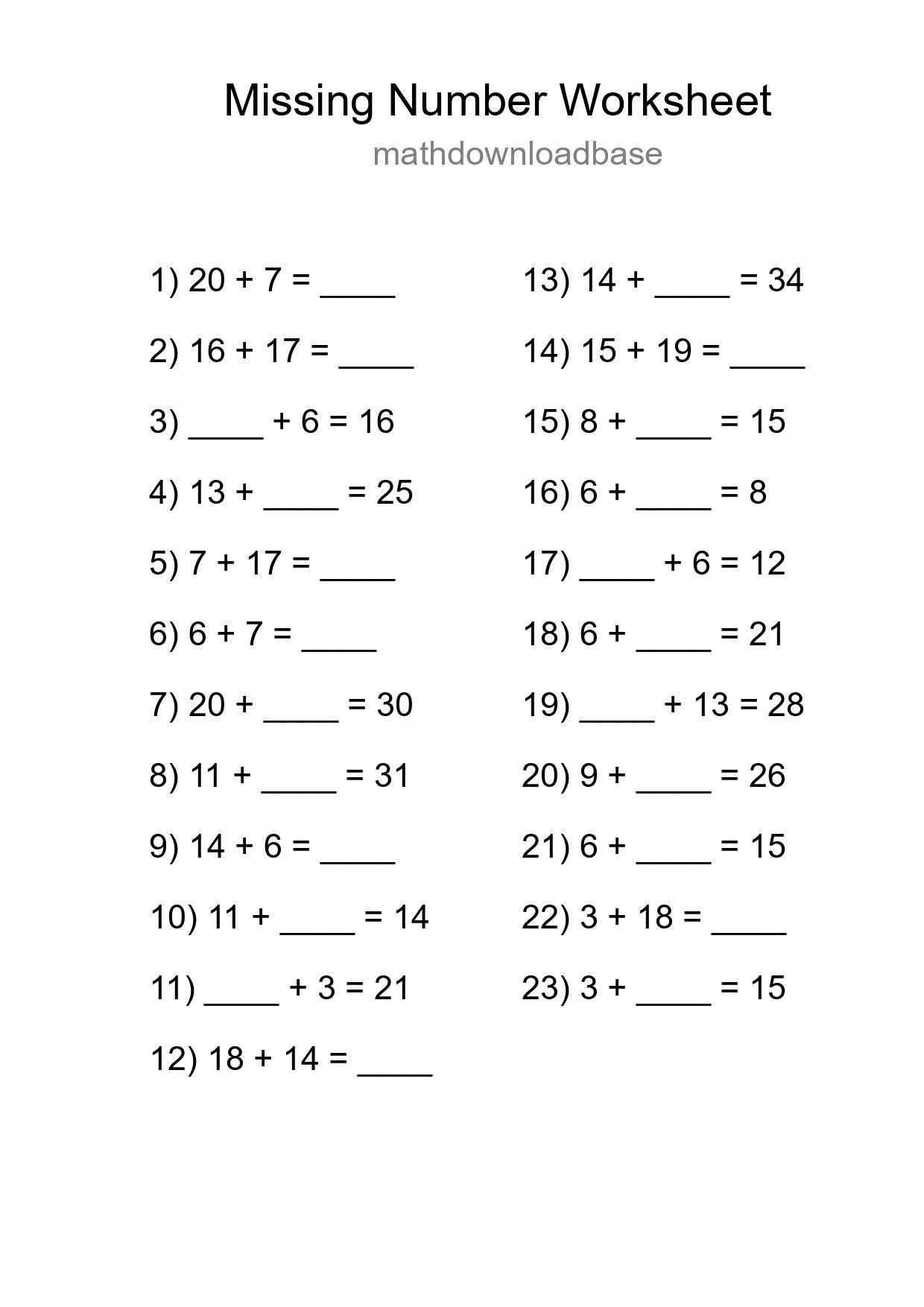 Missing Number Math Worksheet