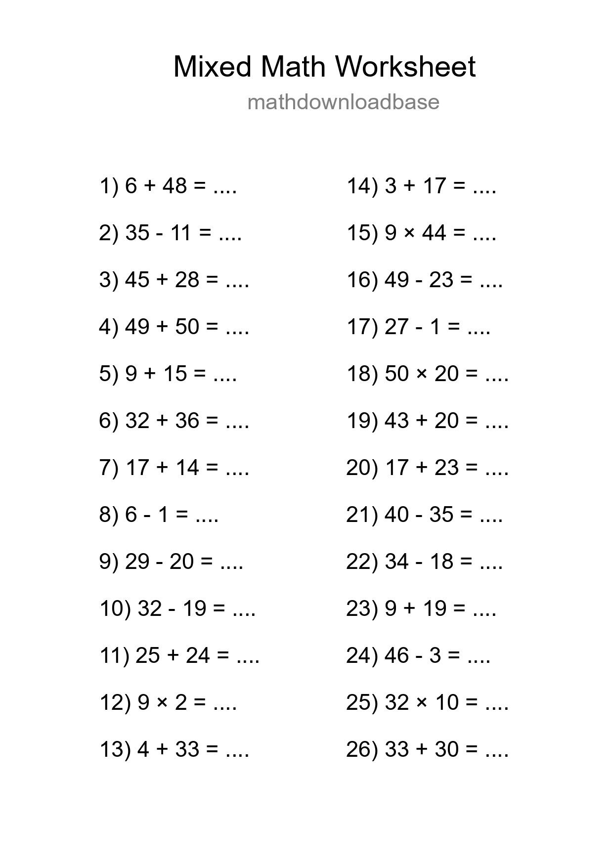 Mixed Operations Math Worksheet