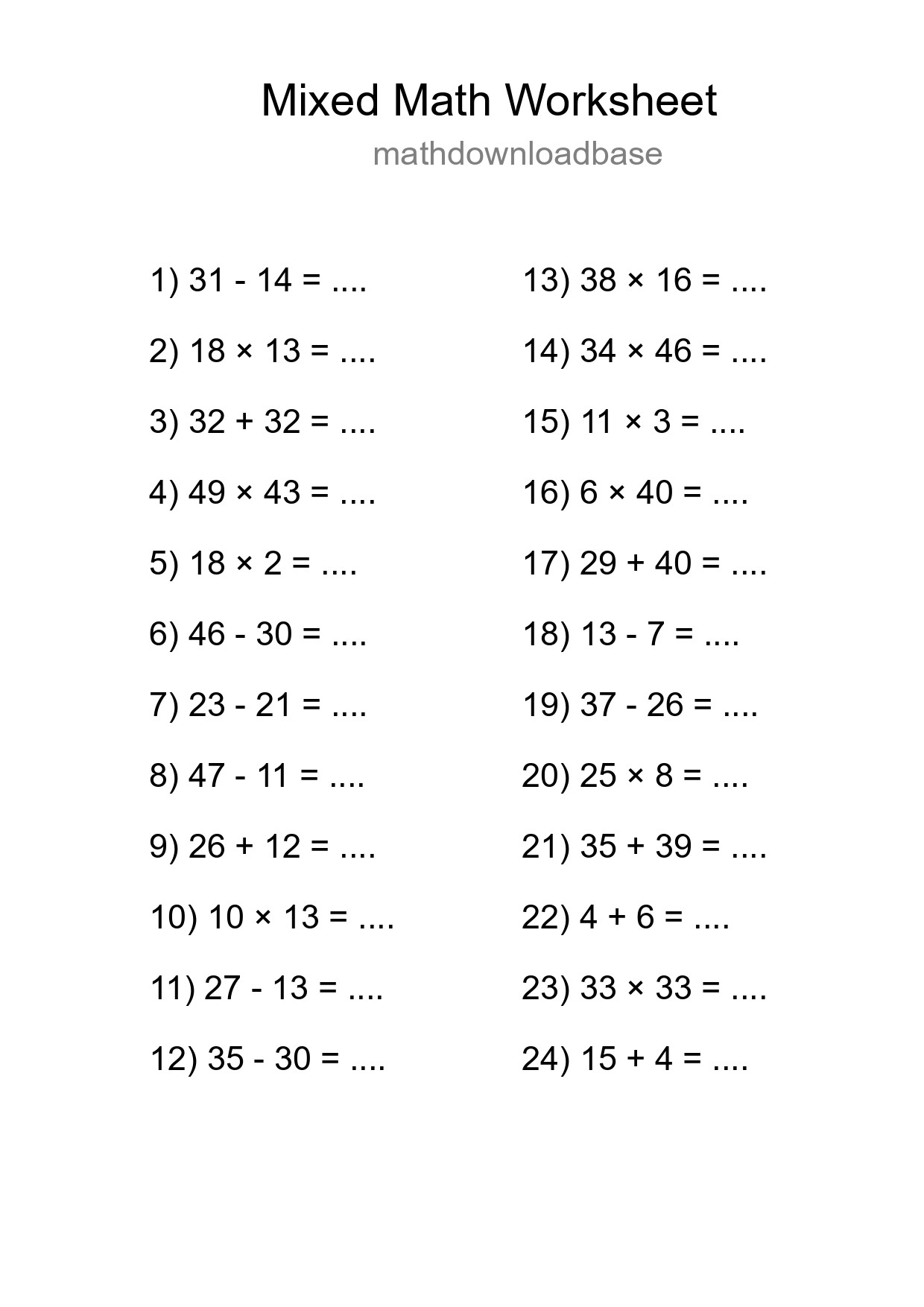 Mixed Operations Math Worksheet