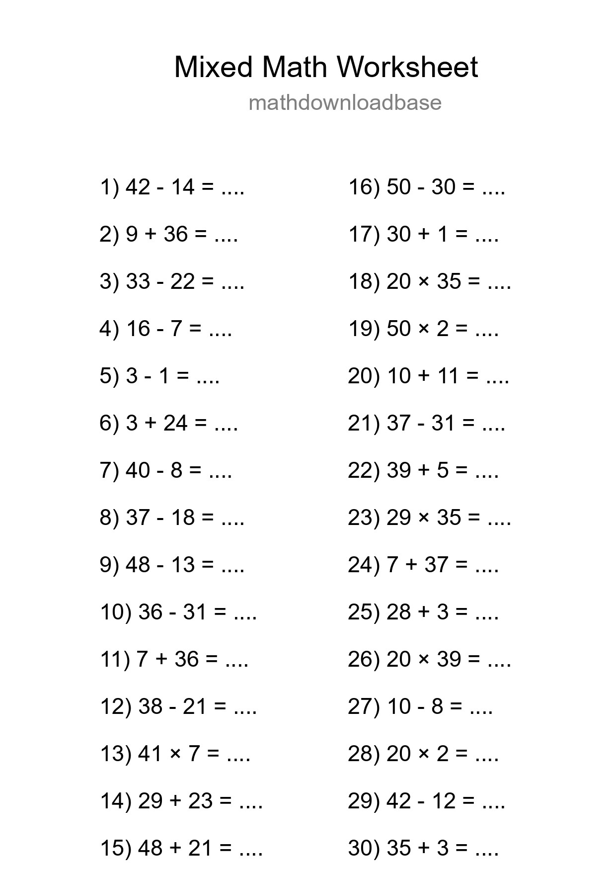 Mixed Operations Math Worksheet