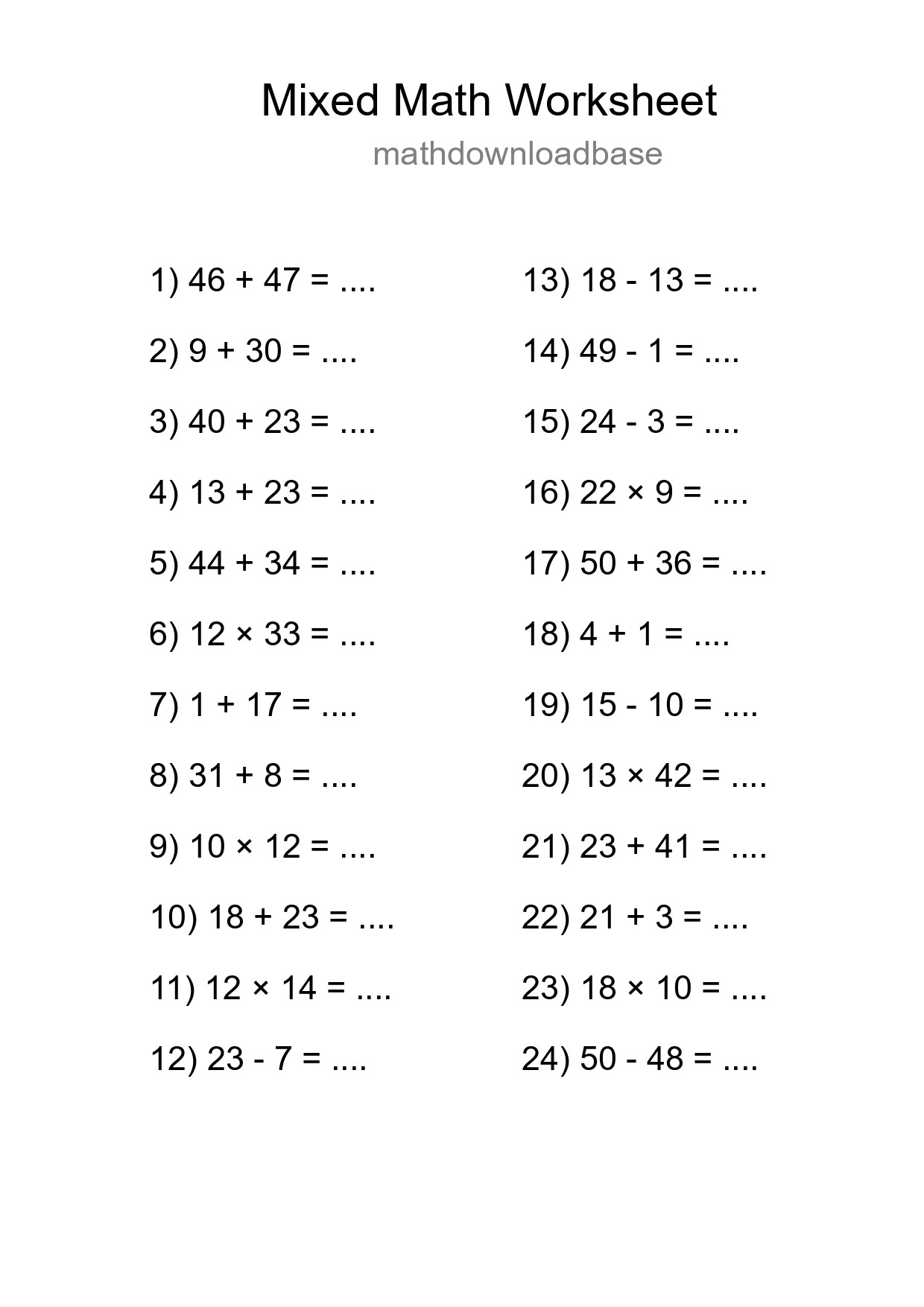 Mixed Operations Math Worksheet