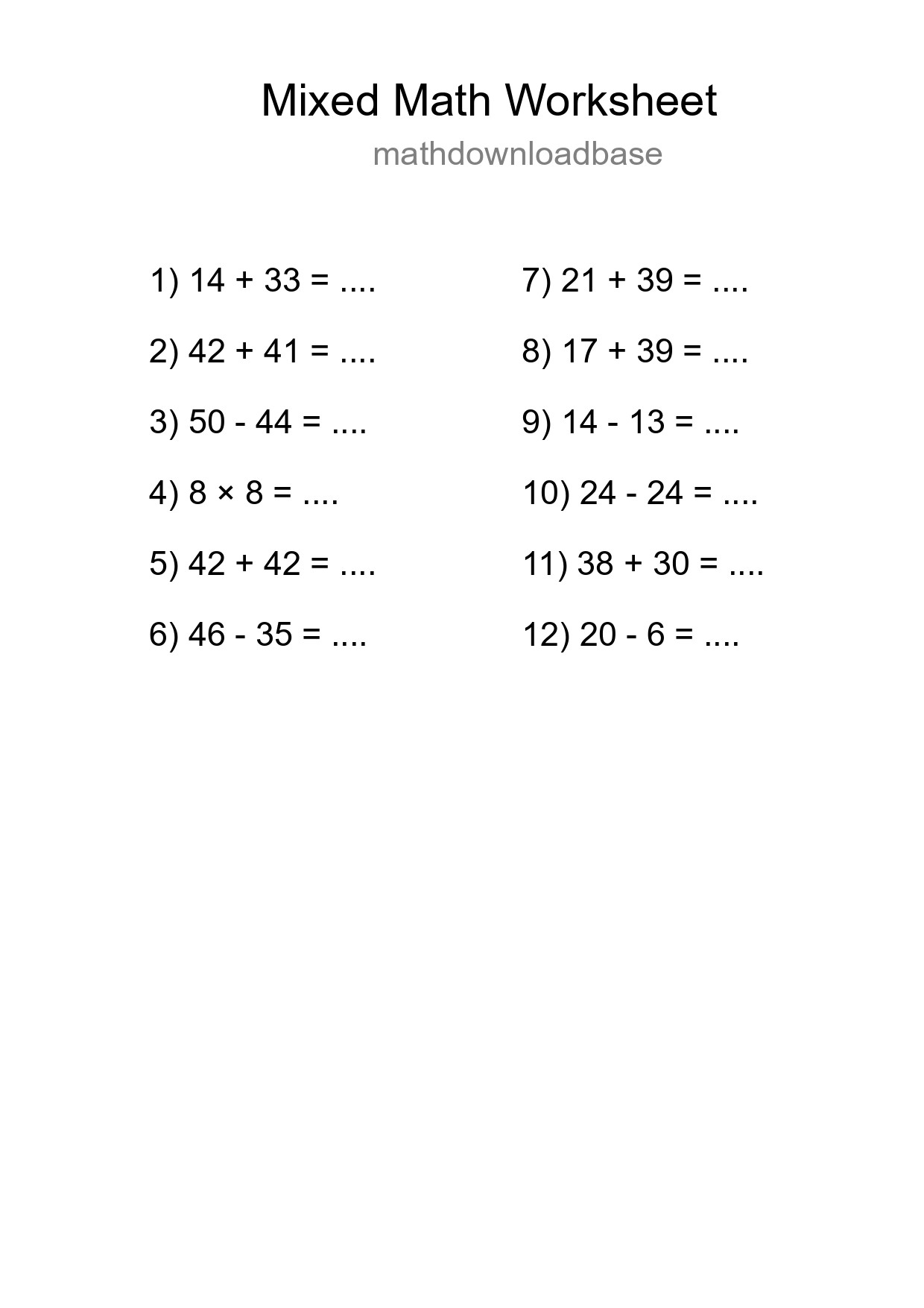 Mixed Operations Math Worksheet