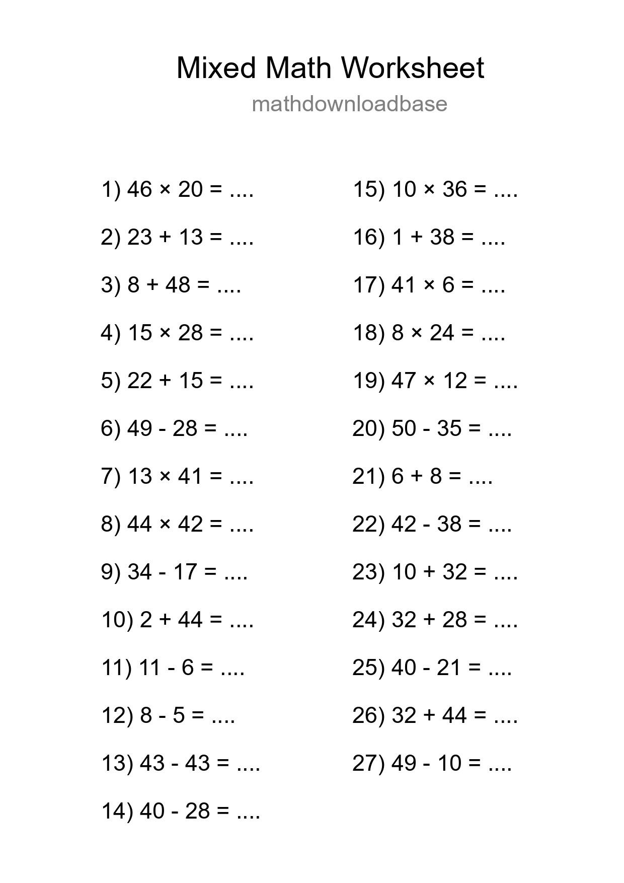 Mixed Operations Math Worksheet