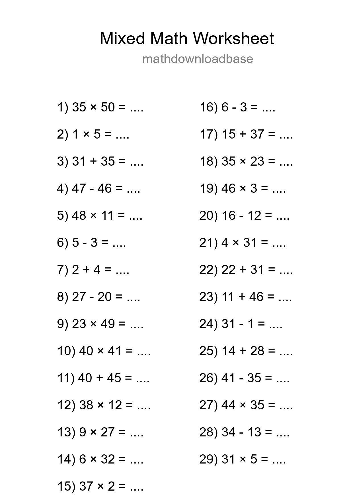 Mixed Operations Math Worksheet