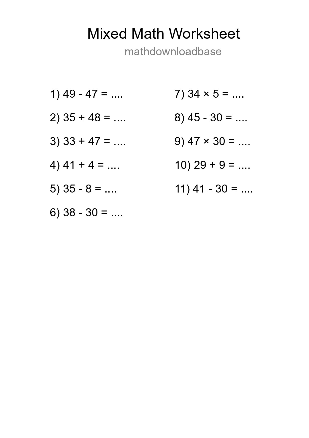 Mixed Operations Math Worksheet