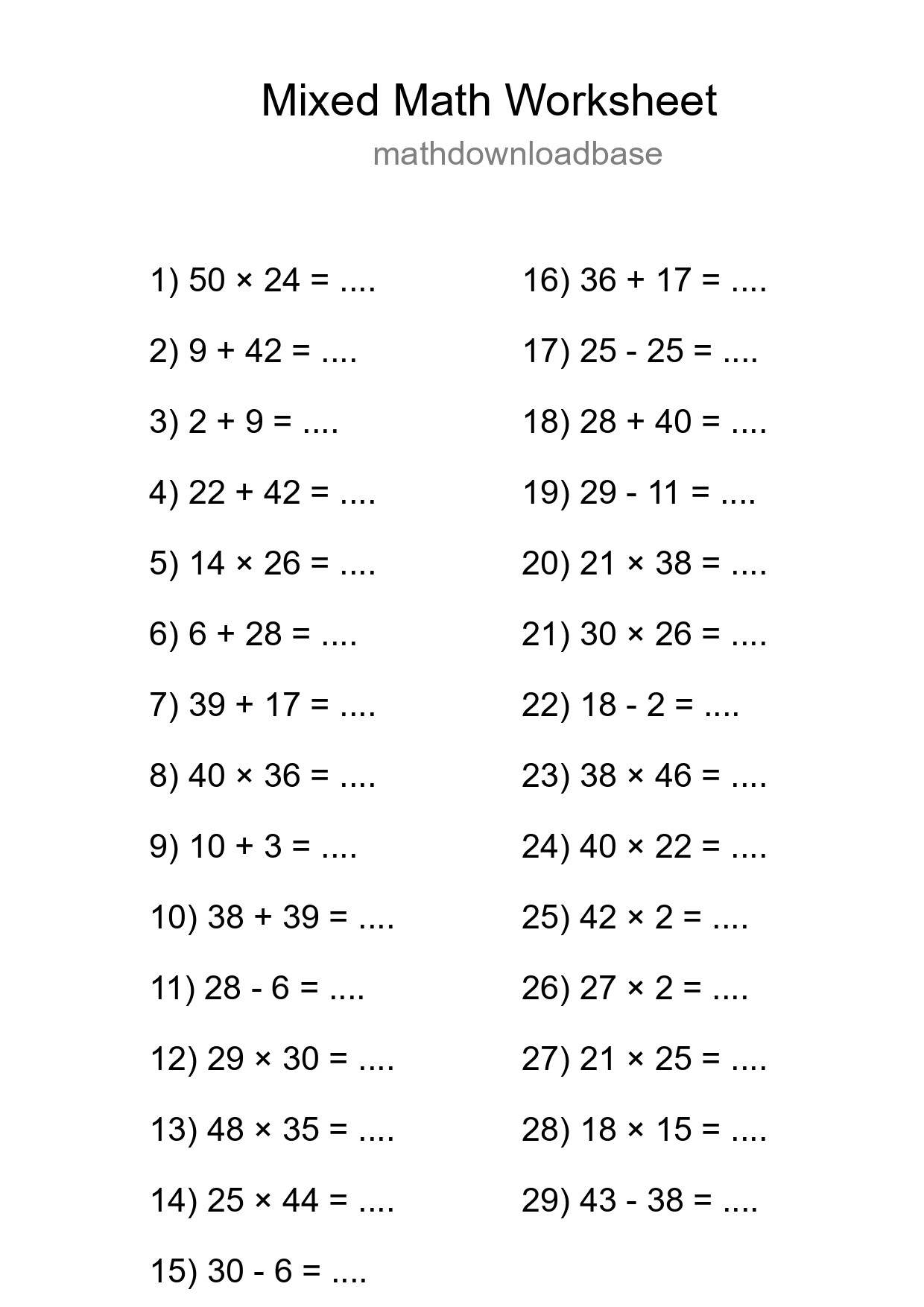 Mixed Operations Math Worksheet