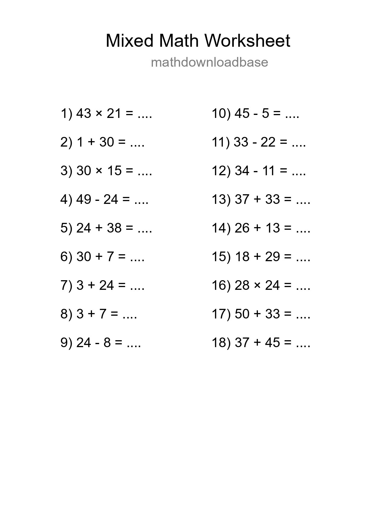 Mixed Operations Math Worksheet