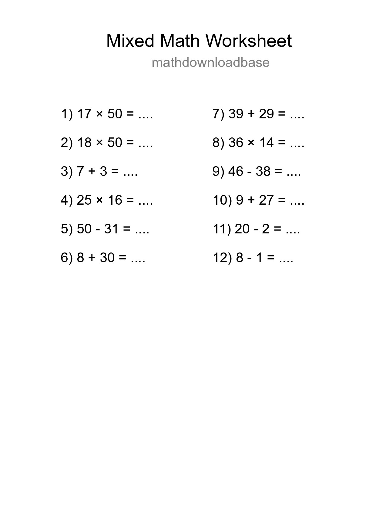 Mixed Operations Math Worksheet