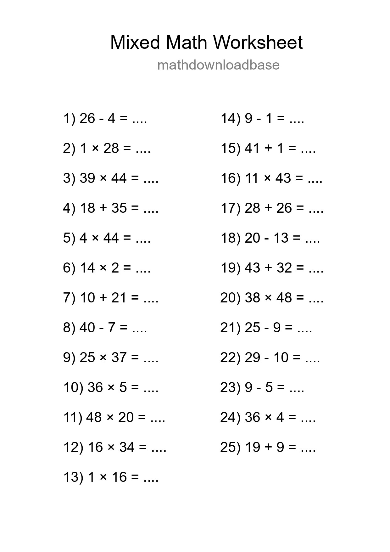 Mixed Operations Math Worksheet